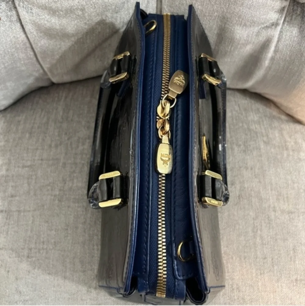 MCM Mini Boston Dark Green Navy Patent Leather Handbag